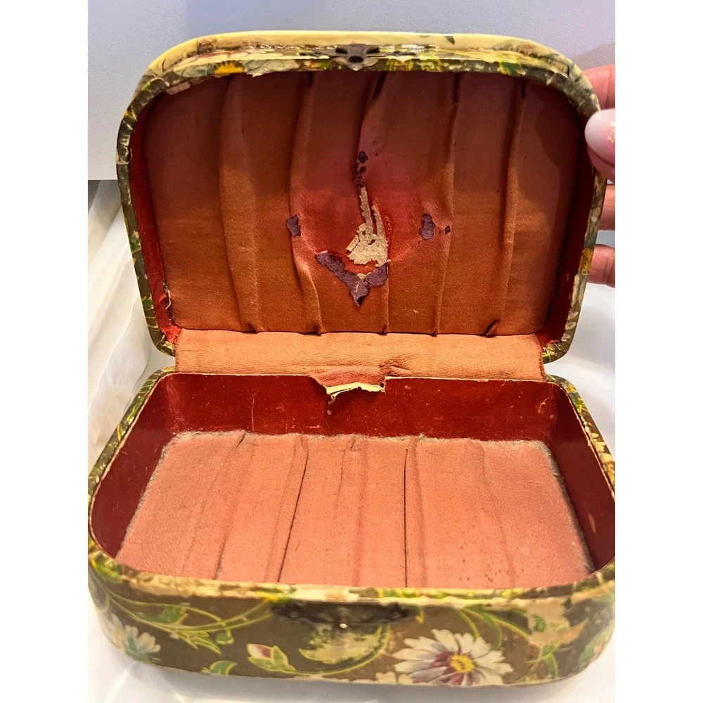 Vintage Floral Decoupage Jewelry Box Hinged Wood Trinket Box Yellow 6x4‎